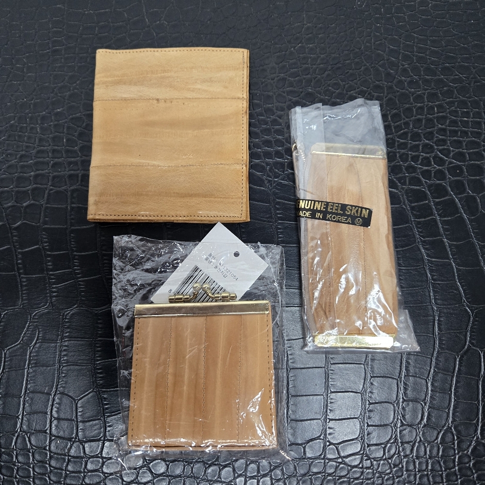 Vintage Genuine Eel Skin Wallet, Coin Purse & Key Chain Holder Set Made in Korea